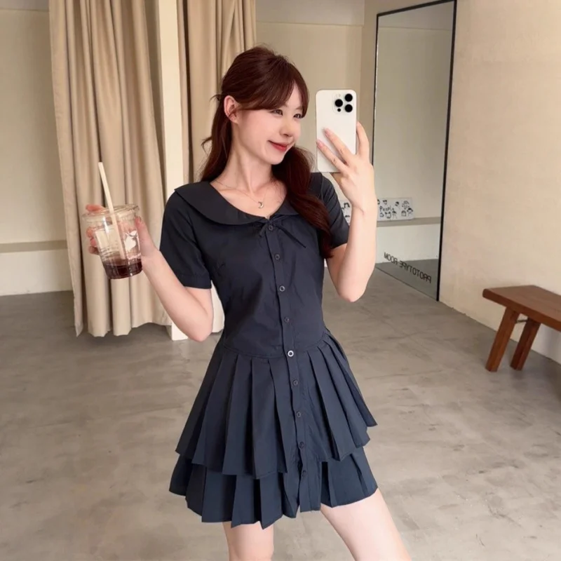 

Korean-style college-style doll collar shirt dress, summer high-end sweet first-love waist-cinching slimming pleated short skirt