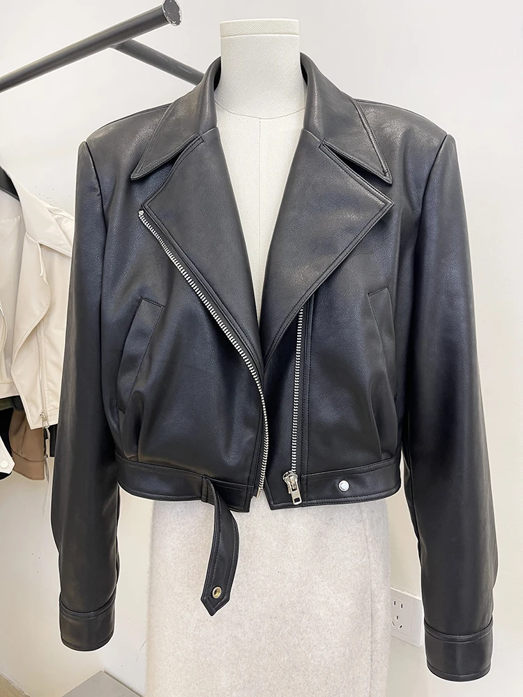 Chaqueta de moto con cuello de solapa para mujer, abrigo corto de cuero PU marrón con cremallera, estilo Retro americano, moda de otoño, 2024