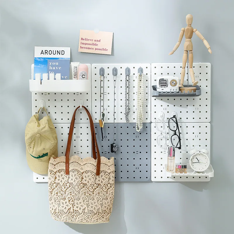 Punch-free Plastic Hole Board Wall Shelf Organizer ,Wall Mount Display Pegboard Panel for Bedroom, Study, Office, Bathroom