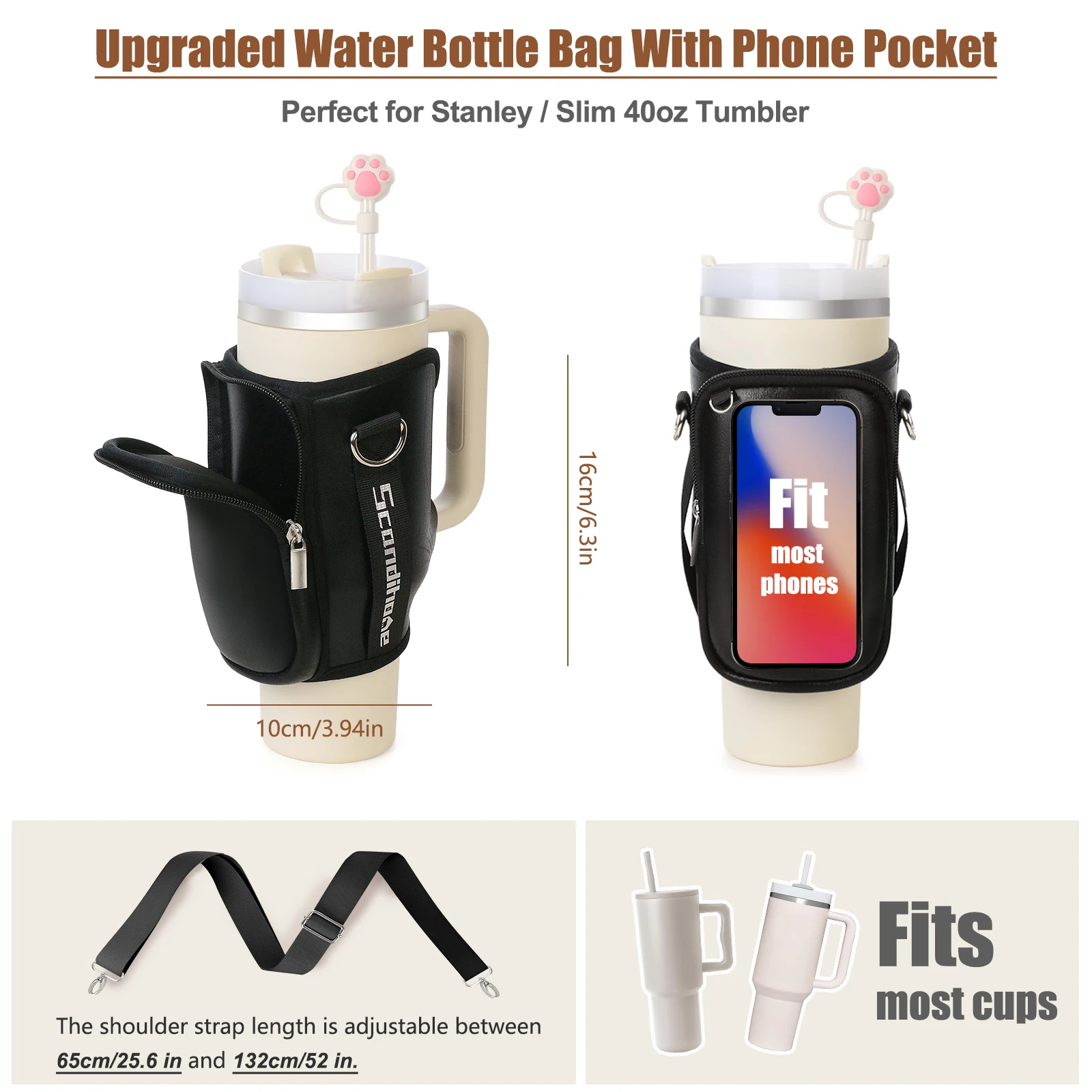 Bolsa para botella de agua al aire libre, viaje, Camping, senderismo, portabotellas con bolsa para teléfono, taza Stanley Quencher