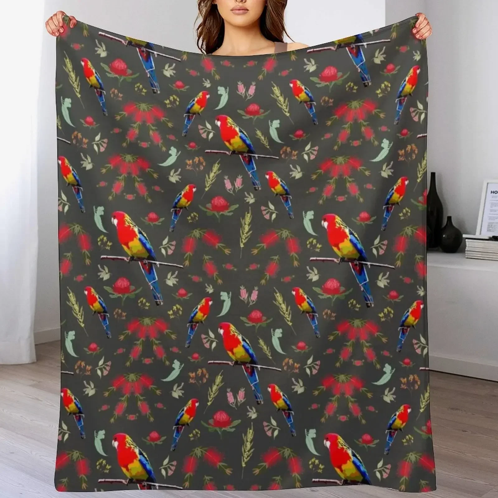 Australiana Rosella Garden - charcoal grey Throw Blanket decorative sofa bed Blankets