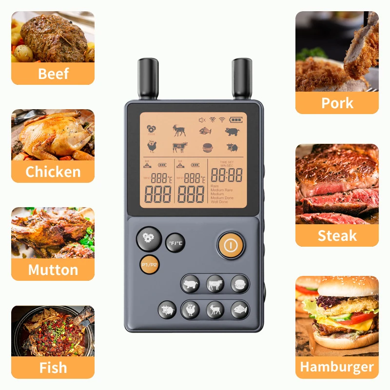 Termometro per carne Wireless doppia sonda digitale con amplificatore di segnale e schermo di visualizzazione monitoraggio in tempo reale per