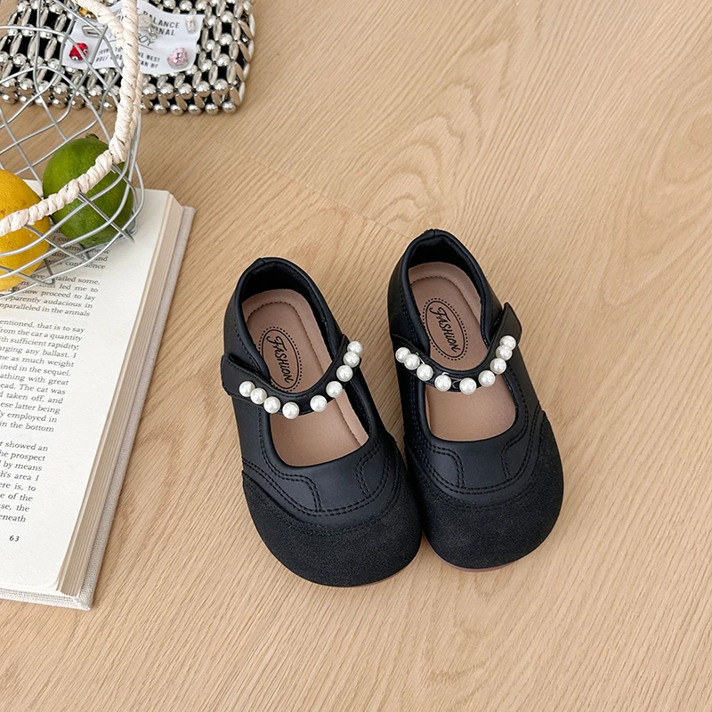 Girls Beaded Strap Leather Shoes 2026 New Autumn Toddler Mary Jane Flats Soft Sole Classic Princess Girls Party Wedding Footwear