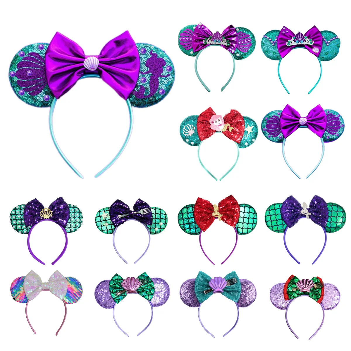 Diadema de sirenita de Mickey Mouse, accesorios para el cabello para niña, diadema de Ariel, diadema con orejas de concha de perlas Sebastian para