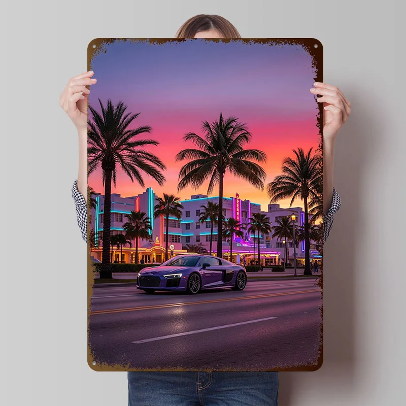 Miami Beach Sports Car R8 Sunset Poster Customized Wall Art Vintage Metal Signs Retro Tin Plaque for Man Cave Gaming Decoration