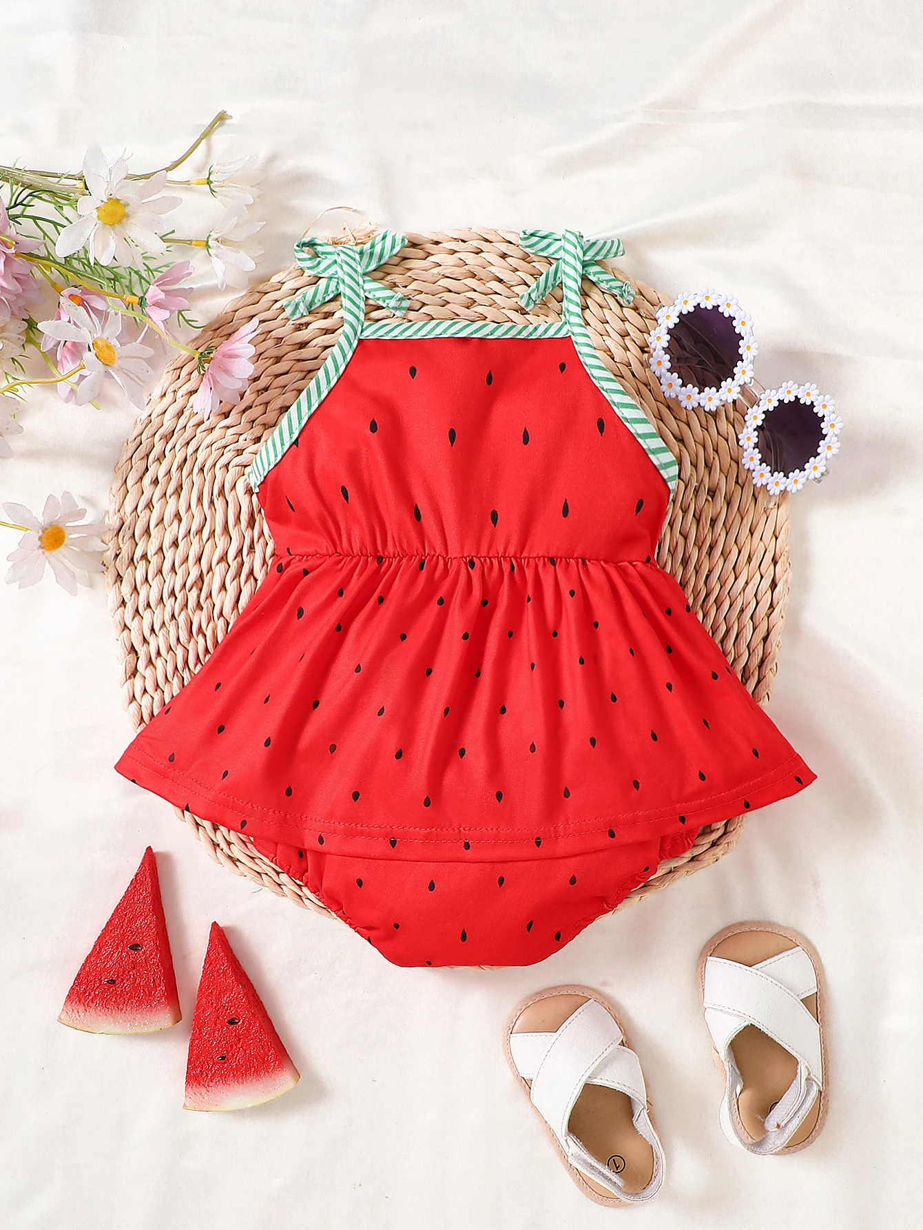 Baby girls summer big red watermelon cute sleeveless triangle onesie