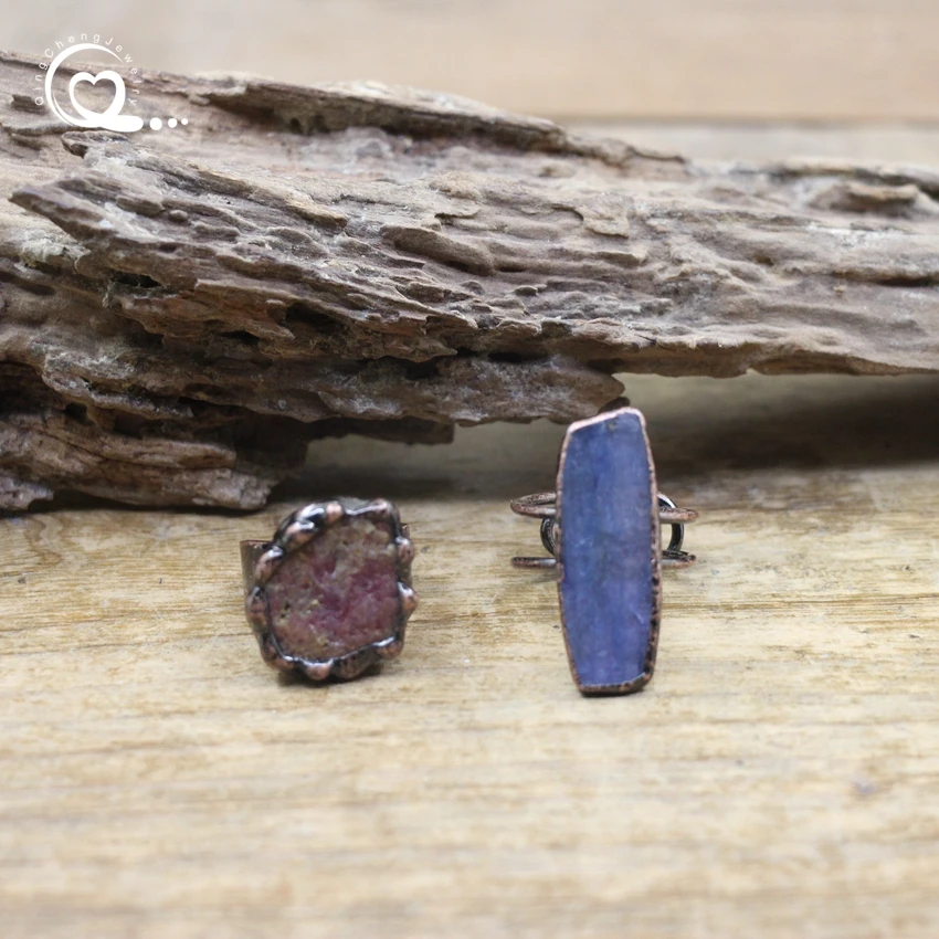 

Antique Copper Kyanite Rings Natural Blue Quartz Pink Tourmaline Adjustable Finger Ring Women Fashion Retro Style Jewelry,QC4222