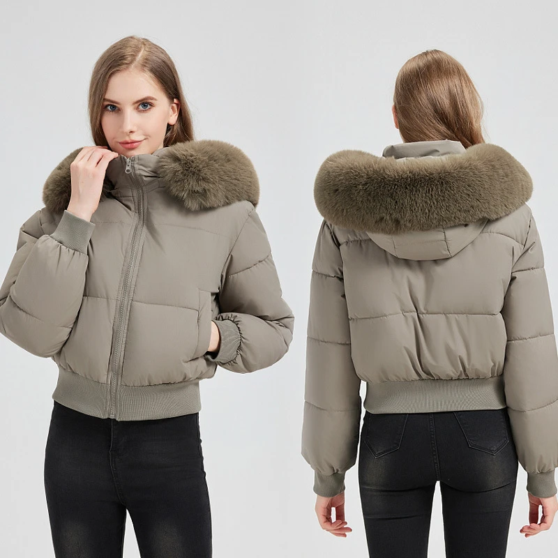 2025 European American New Style Big Fur Collar High Waisted Cotton Padded Jacket Women's Parkas Slim Fit Short Thick Jackets