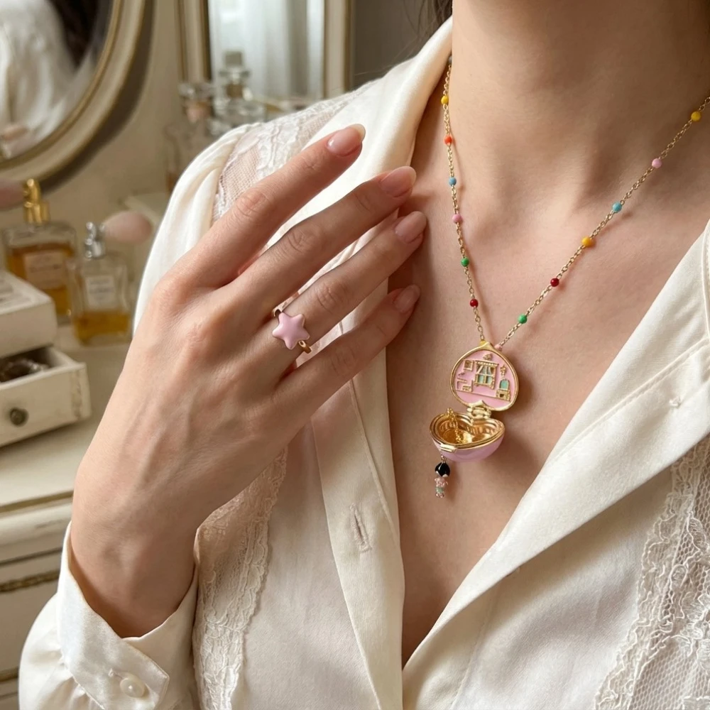 Light Luxury Cute Pink Gold Open Locket Necklace Star Heart Pendant Exquisite Women Jewelry Gift