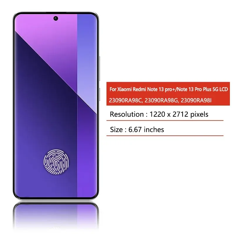 6.67“AMOLED For Xiaomi Redmi Note 13 Pro+ 5G Lcd Display Digital Touch Screen with Frame For Redmi Note13 Pro Plus 23090RA98C