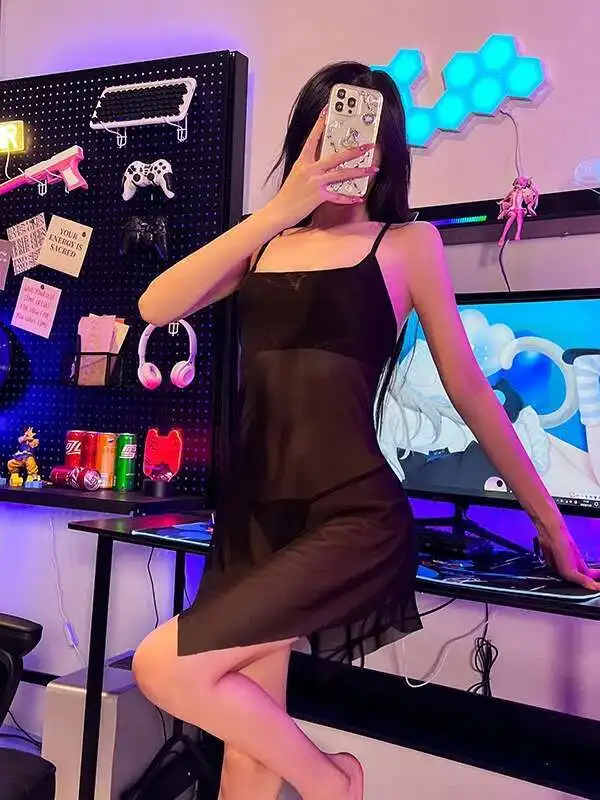 WOMENGAGA maille transparente Mini robe Sexy robes suspendues chaud épicé mince robe élégante ample décontracté hauts 0ZDO