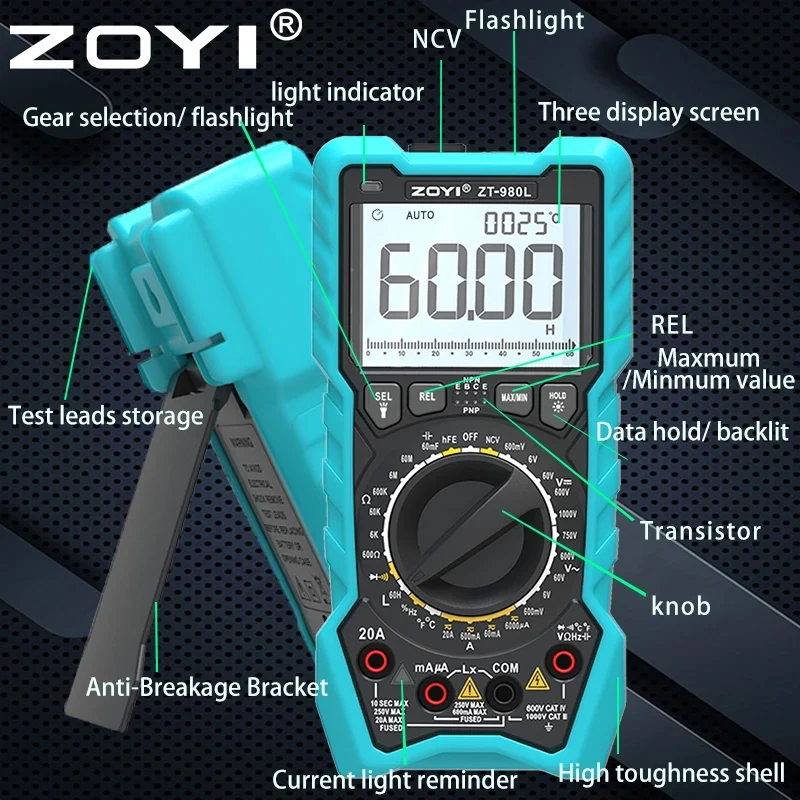 ZOYI ZT-980L Digitalmultimeter 6000 Zählungen Transistortest Frequncy Diode Triode Temperatur Induktivitätstest Strom