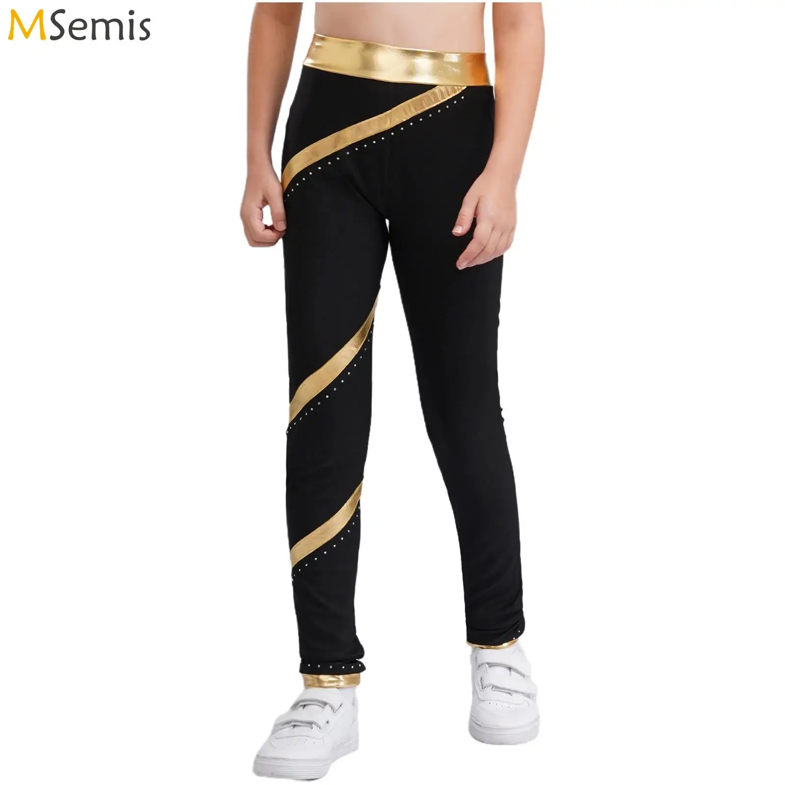

Детские штаны для фигурного катания с блестящими стразами для девочек, художественная гимнастика, штаны для фигурного катания, костюм для балета и танцев, брюки в металлическую полоску