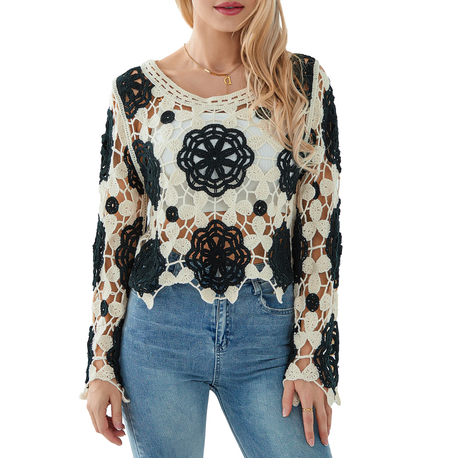 Women's Spring Summer Knit Tops Long Sleeve Crewneck Floral Crochet Casual Crop Tops