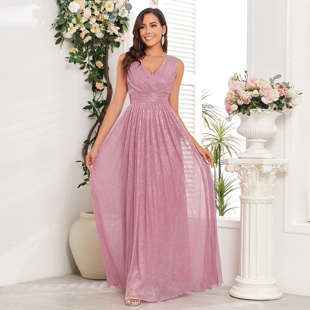 ICCLEK Maxi Sleeveless Flared V-Neck Long Dresses Soft Sparkling Ball Gown In Dusky Rose Bridesmaid Dress For Wedding Party Vest