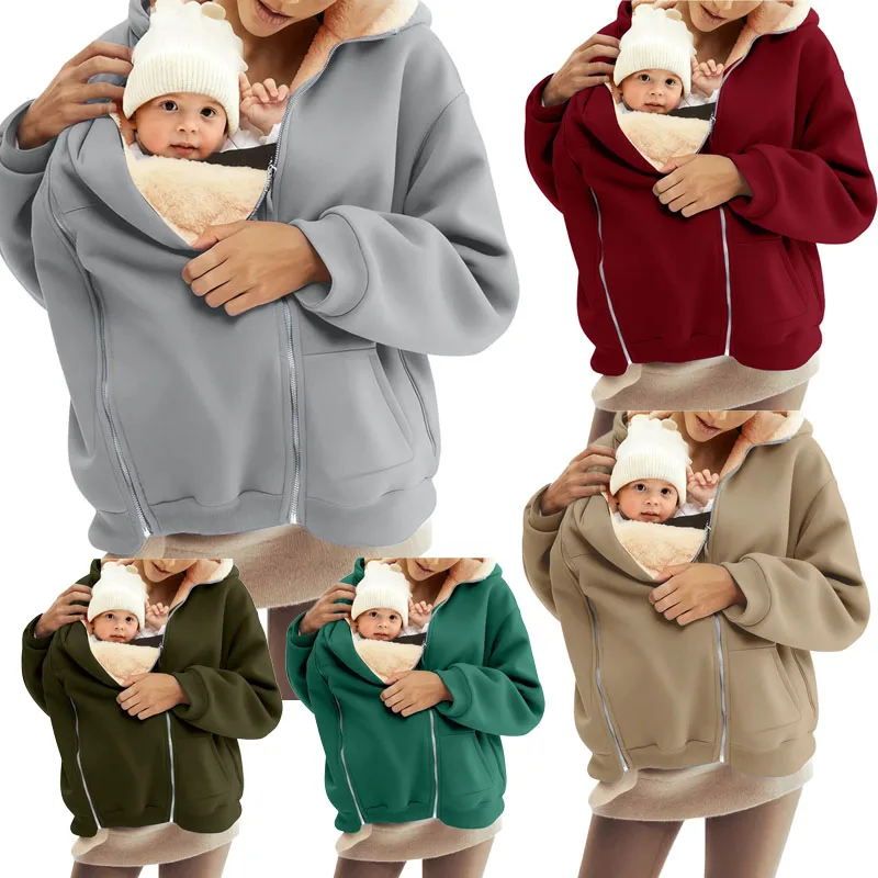 Maternity Fleece Sweatshirt Kangaroo Baby Carrier Hoodies Women Autumn Winter Baby Wearing Jacket Mother Lambswool Coats