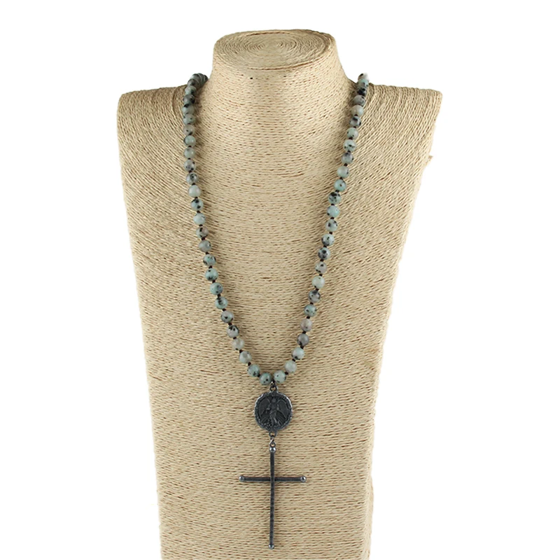 Fashion Bohemian Jewelry Accessory 8mm Beaded Stone Knotted Black Metal Cross Pendant Necklaces For Women Festival Gift