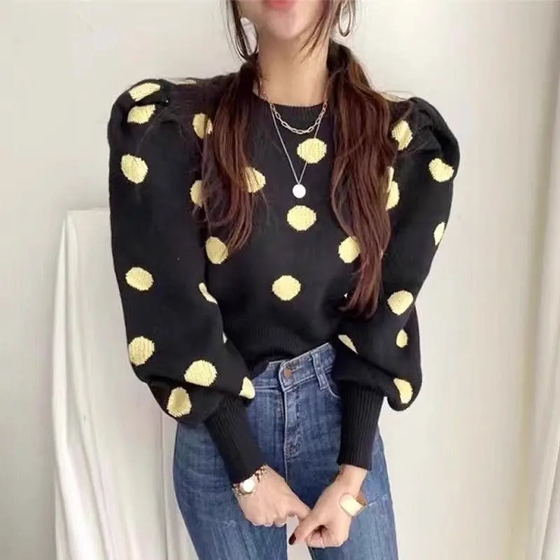 Korean Chic Autumn Winter Temperament Round Neck Loose Casual Polka Dot Contrasting Color Bubble Sleeve Knitted Sweater Women