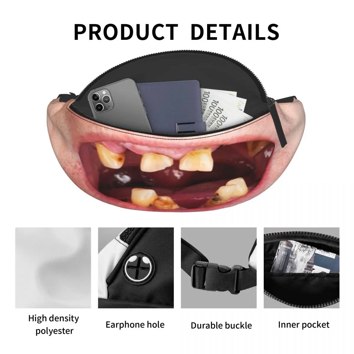 Funny Bad Teeth Fanny Pack Men Women Fashion Tooth Crossbody Waist Bag for Traveling Phone Money Pouch