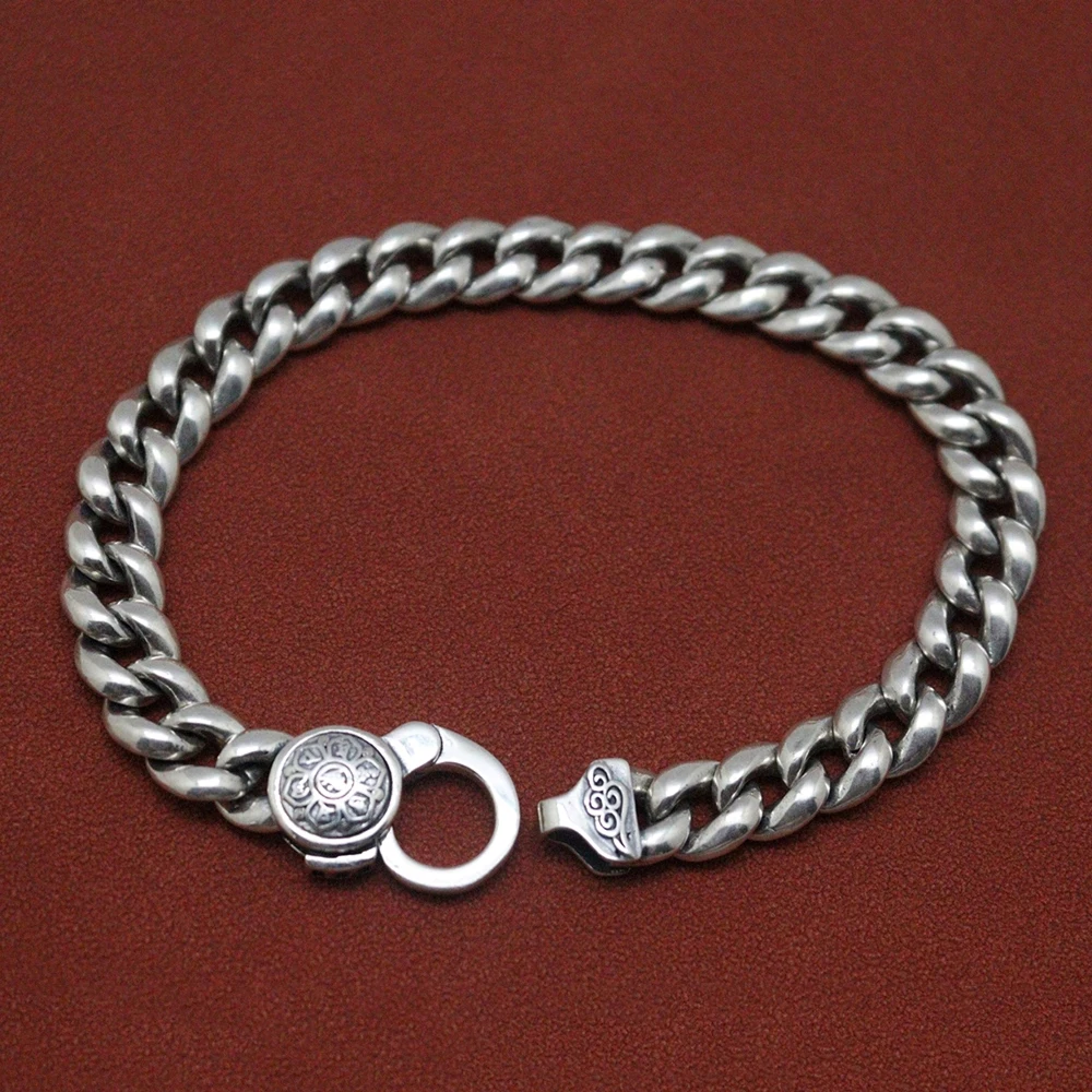 

Real Solid 925 Sterling Silver Chain Men 9mm Mantra Curb Cuban Link Bracelet 37-38g/21cm