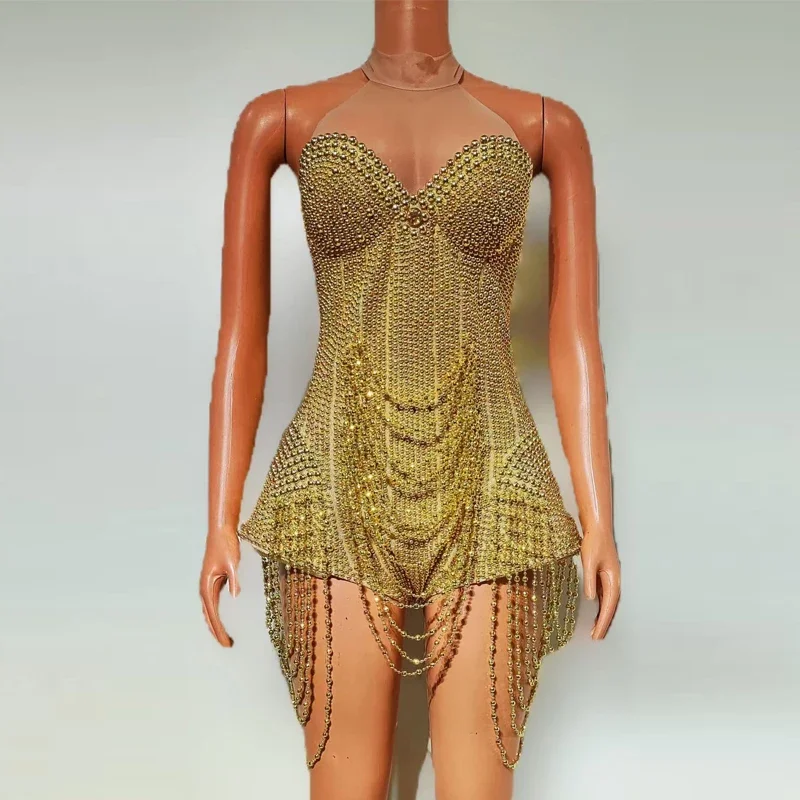 Traje de fiesta de perlas blancas y doradas, traje de Festival de cantante para mujer, disfraz de celebración, ropa para actuación en escenario, mono de lujo