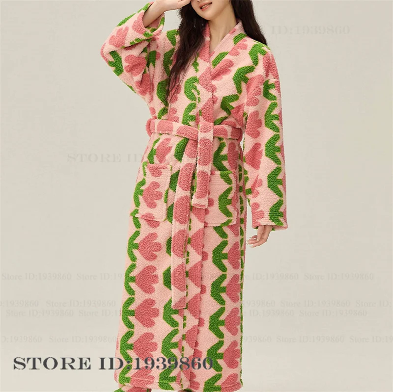 

Thicken Coral Fleece Female Long Robe Home Dress Autumn Winter Warm Kimono Bathrobe Gown Loose Print Flower Flannel Sleepwear