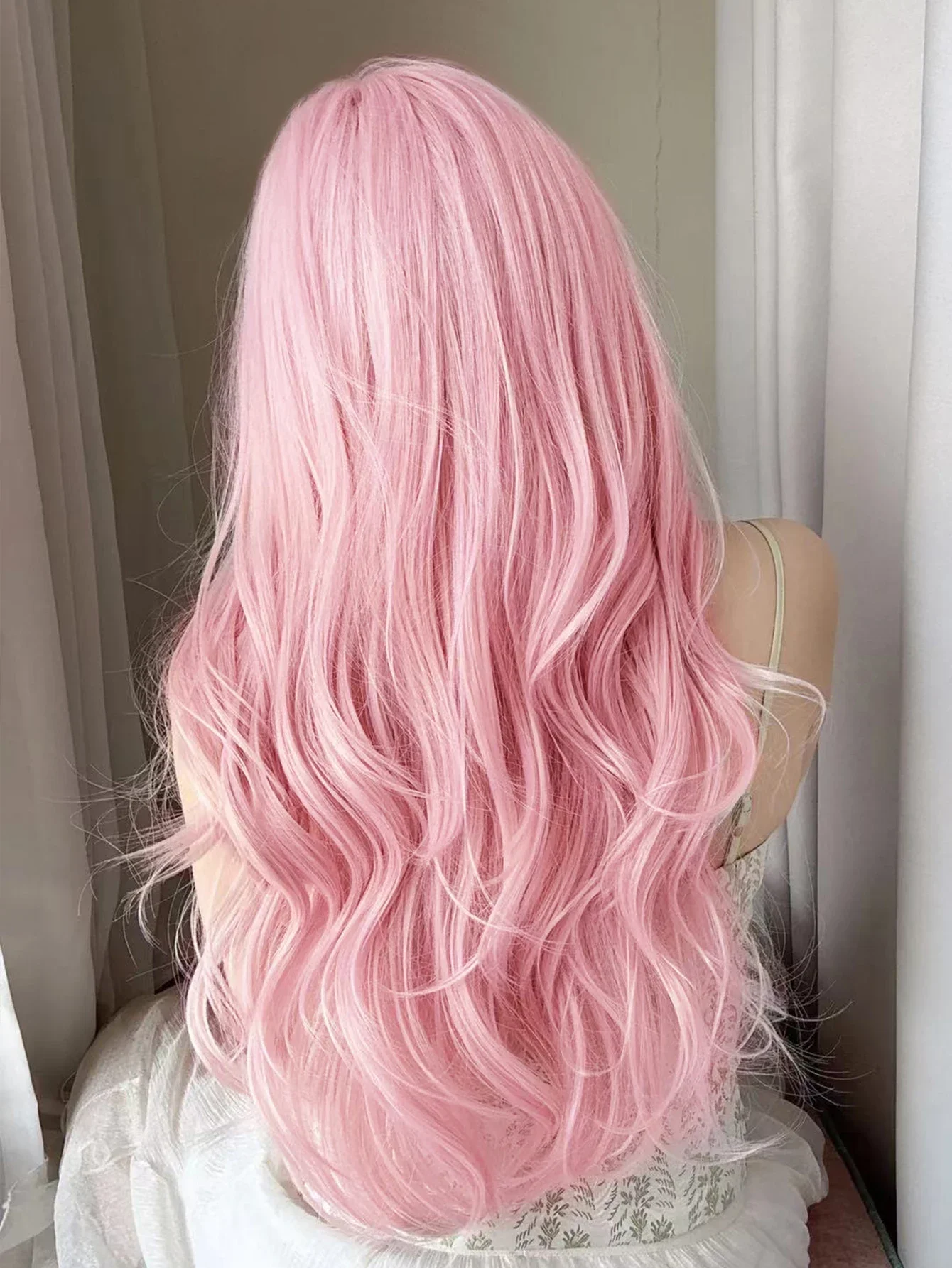 30Inch Pretty Pink Synthetic Wigs with Bangs Long Natural Wavy Hair Wig for Women Daily Use Cosplay Drag Queen Heat Resistant