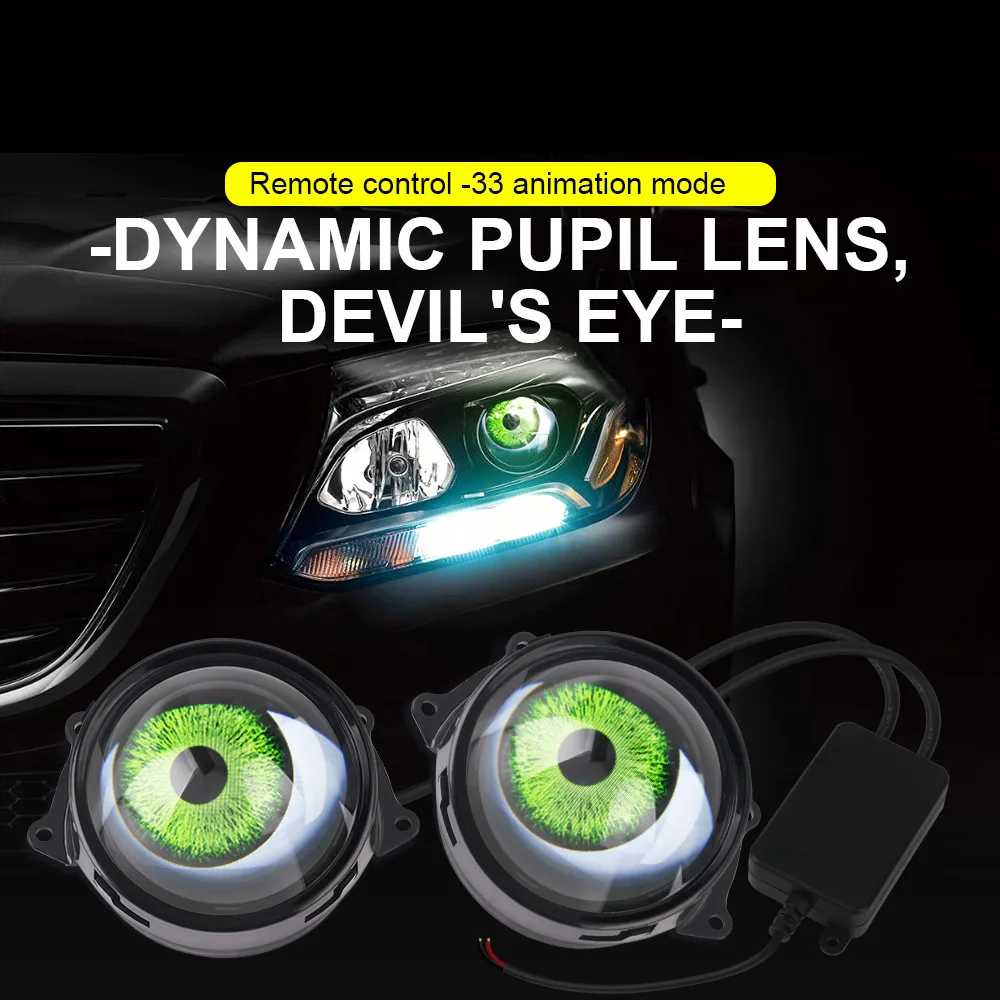 LED Car Dynamic Devil Eye Large Light 3-inch 33 Mode 3D Lens Dynamic Pupils Headlight Car Light Remote  Modification Eagle Eye