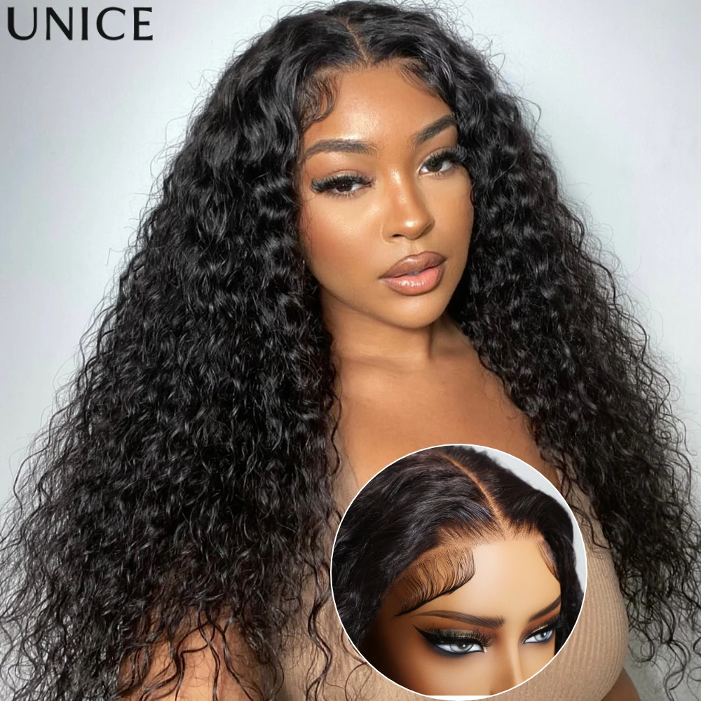 UNice 7x5 13x4 Lace Water Wave Wig With Baby Hair & Invisi Drawstring Pre Cut Pre Bleached Glueless Human Hair Wigs Ready To Wear 150% Density
