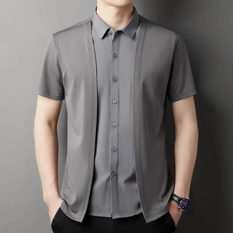 High End Fashion Smart Casual Twee Nep-Stukken Shirt Zomer Nieuwe Veelzijdige Korte Mouwen Heren Revers Knopen Ademende Dunne Tops