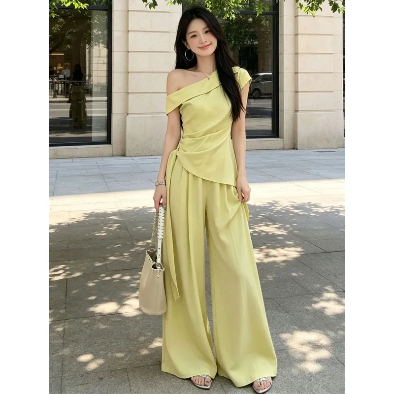 Women Old Money Style Off Shoulder Ruched Top Wide Leg Pants Set Summer Daily Casual Outfit