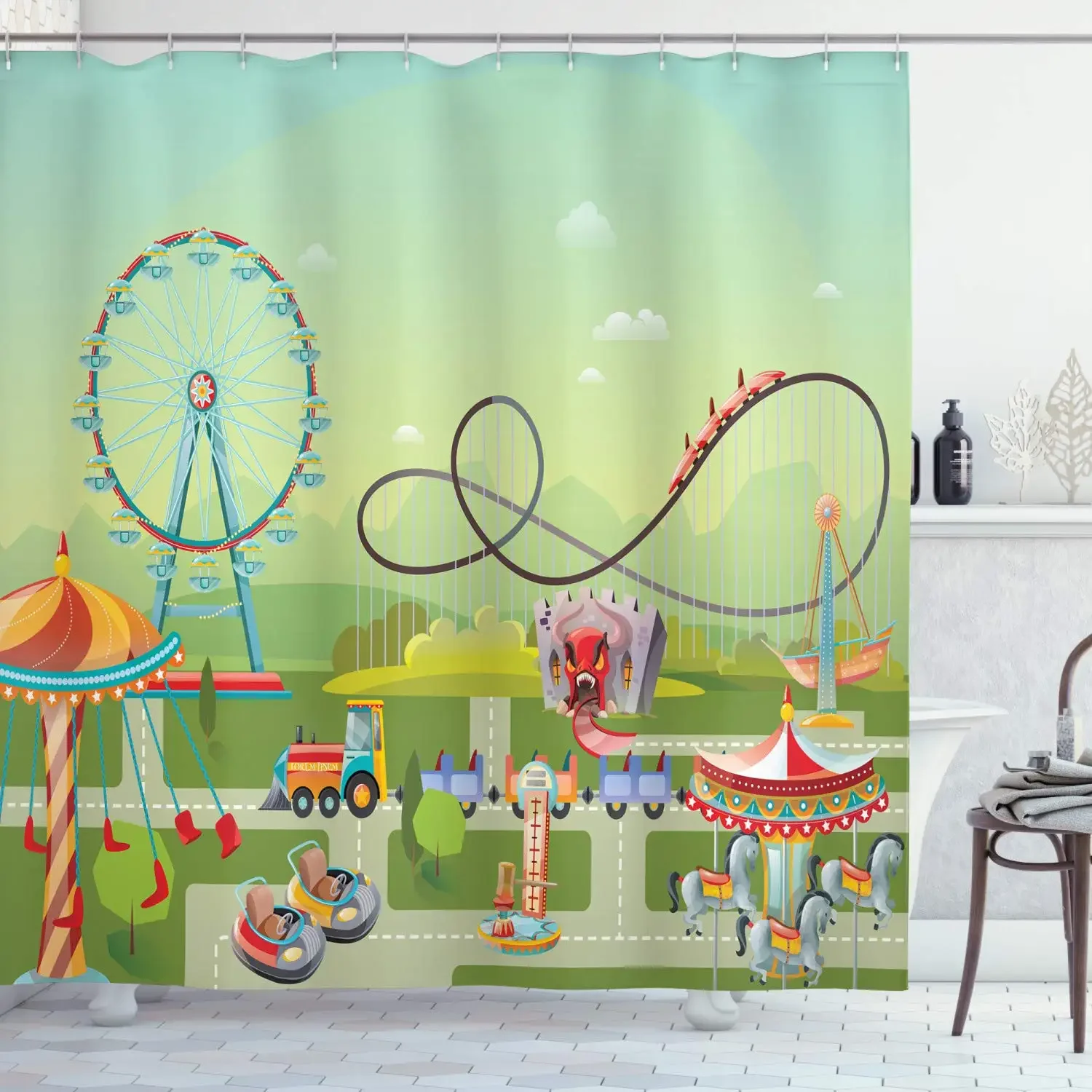 Circus Shower Curtain,Bars Conceptual City Banner Inspired Carousels Slides and Swings Ferris Wheel Fabric Bathroom Curtains Set