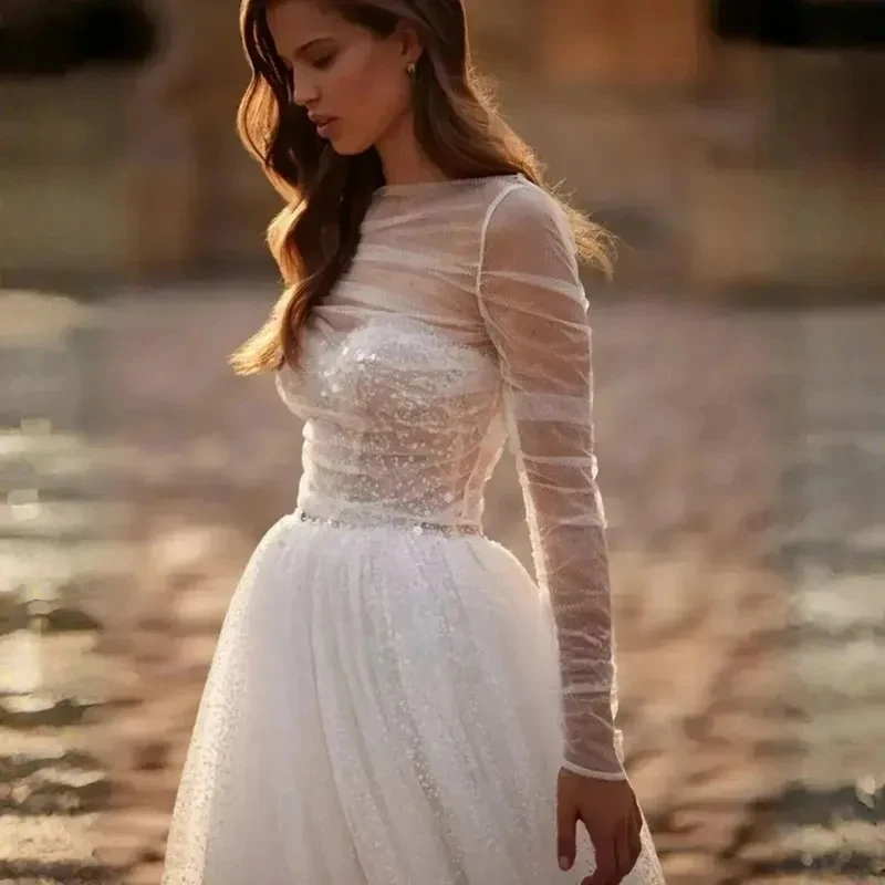

Shiny Sequined Tulle Wedding Dresses With Removable Cape Wraps Long Sleeves Romantic A Line Boho Bridal Gowns Floor