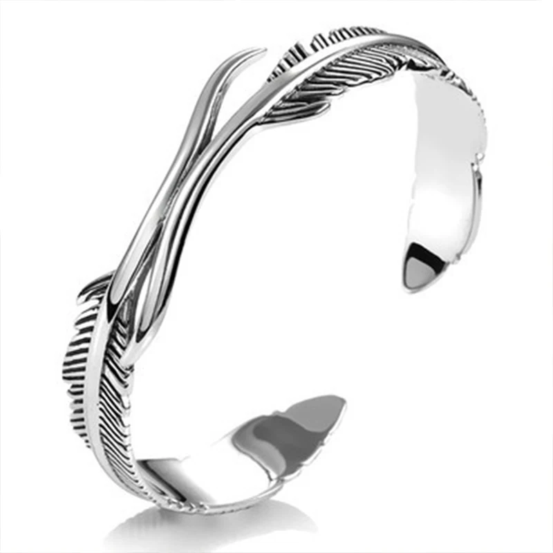PANJBJ 925 Sterling Silver Feather Adjustable Couple Bangle Gothic Punk Design Women Jewelry Gift Lucky Bracelet Dropshipping