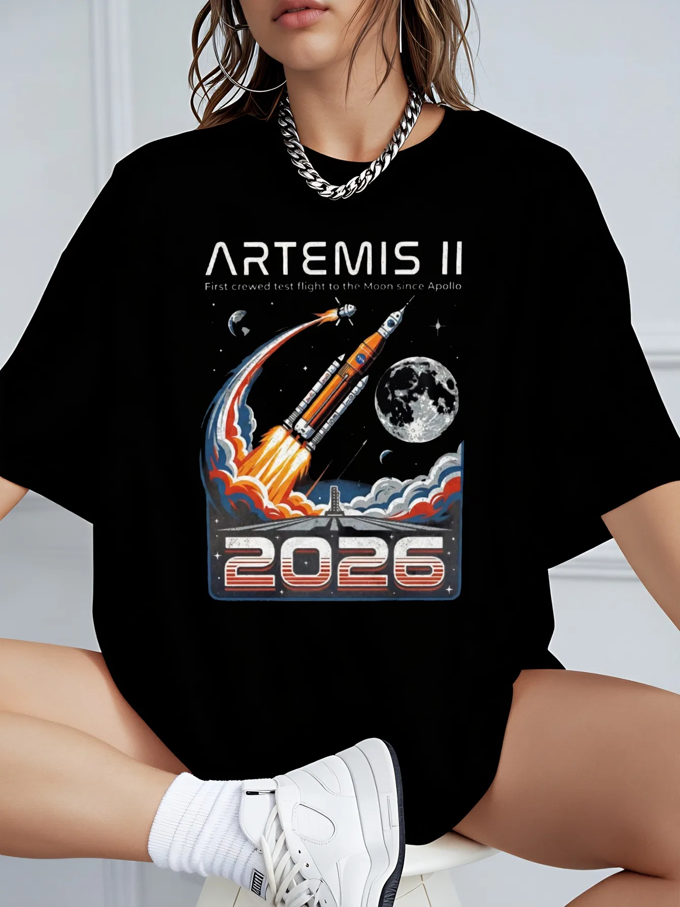 New Style Fun Unisex T-Shirt Black Artemis Ii Rocket Launch to The Moon 2026 Graphic Print for Space Enthusiasts And Futuristic Fashion Lovers Perfect Gift for Holidays Made Of   Trendy And Versatile Daily Casual Wear Short Sleeve, PLUS SIZE