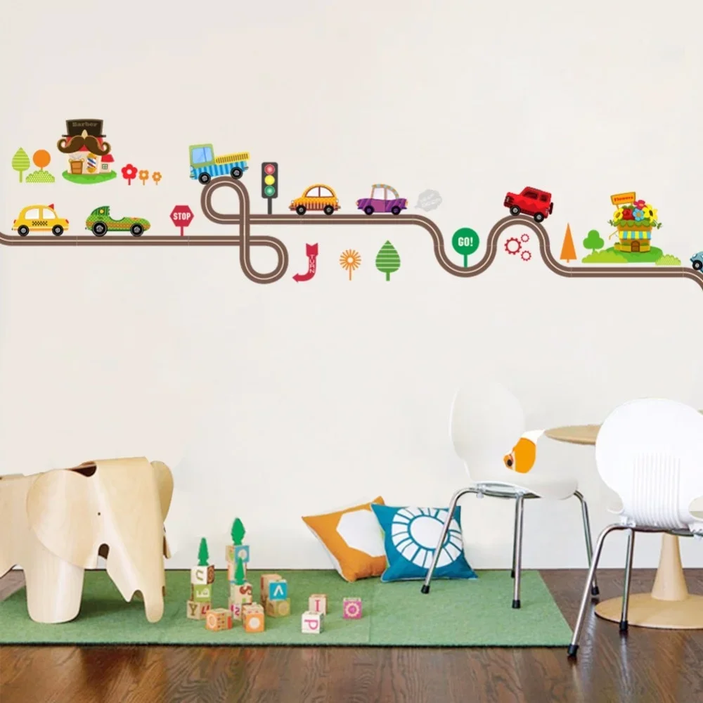 Pegatinas de pared de pista de carretera de coches de dibujos animados para habitaciones de niños, pegatinas de arte para decoración de dormitorio de sala de juegos para niños