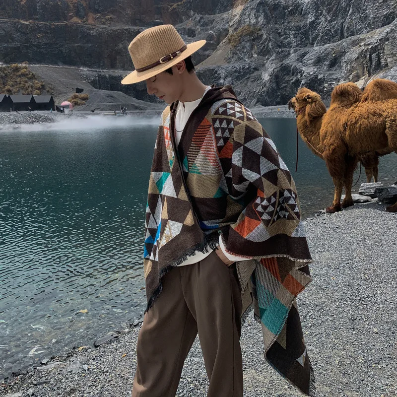 

Мужская шаль в геометрическом стиле в этническом стиле, теплая и ветрозащитная шаль для путешествий на открытом воздухе, шаль, осенне-зимняя фотография P2