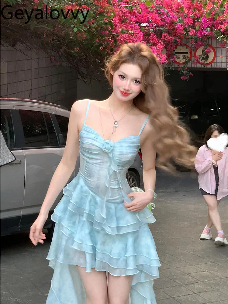 Robe surdimensionnée à volants, bleu irrégulier, à bretelles, pour filles douces, vacances en bord de mer, taille haute, sans manches, robes courtes