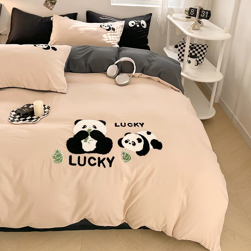 New Panda Embroidered Bedding Set Skin-friendly Soft Duvet Cover Set with Quilt Cover and Pillowcase Single Double Queen Size