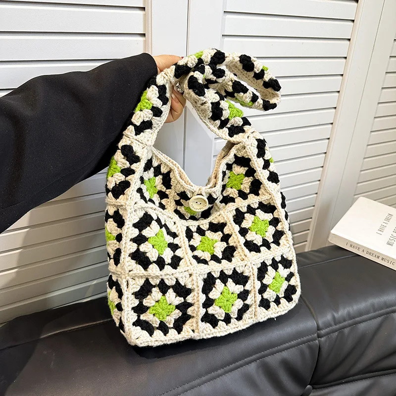 Handmade crocheted grandmother\'s checkered bag, knitted wool woven bag, forest style handbag, single shoulder bag for women