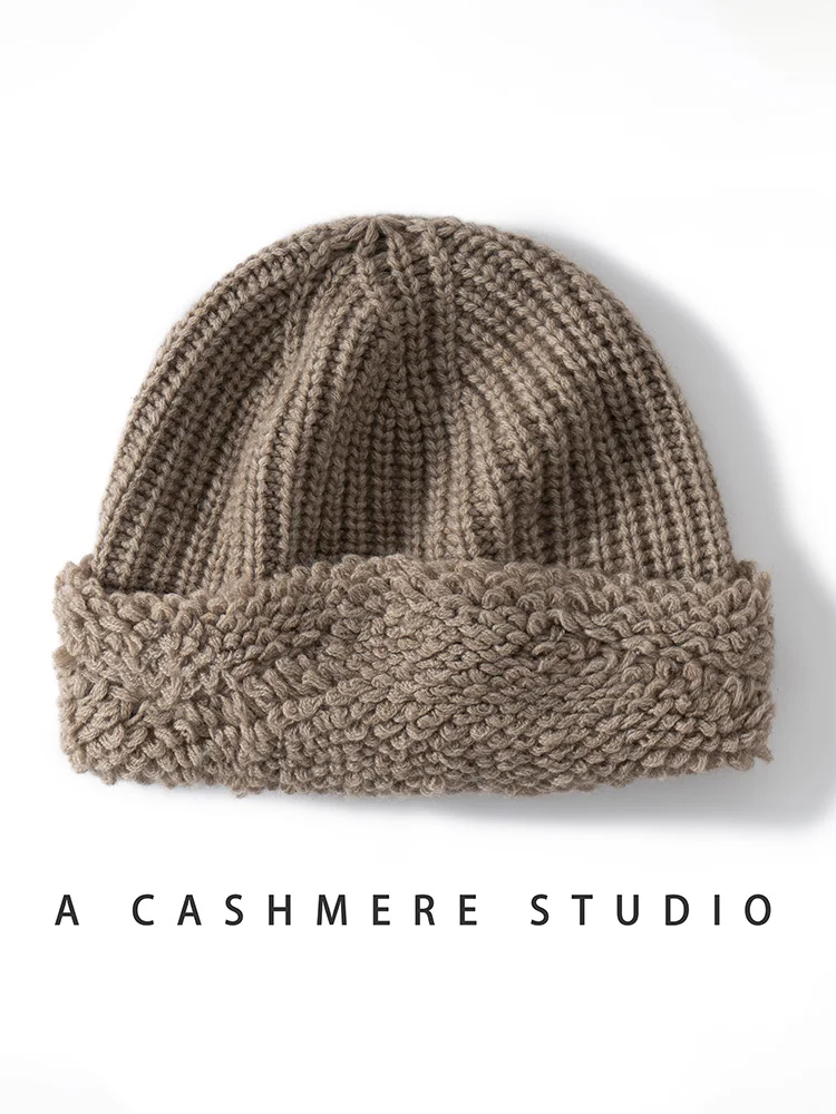 新しい秋冬女性カシミヤ帽子 100% カシミヤケーブルニット帽子ロールタオルエッジ暖かいプルオーバーキャップカジュアルカシミヤトップス