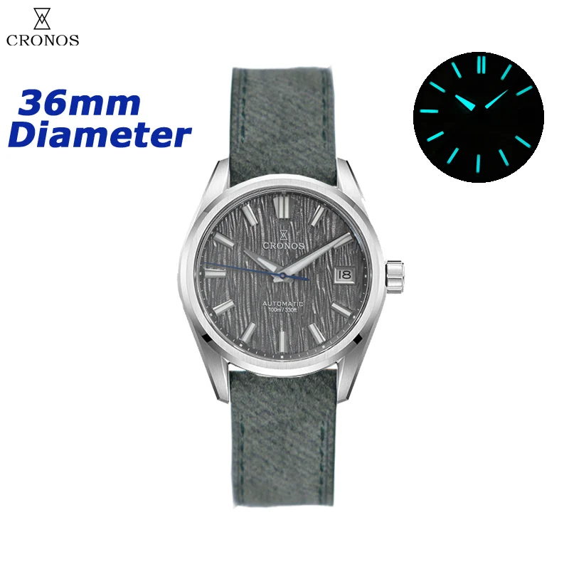 Cronos Herenhorloge 36mm Automatisch PT5000 Miyota 9015 uurwerk Polshorloges Witte wijzerplaat Berkenpatroon Saffier 10 ATM L6048M
