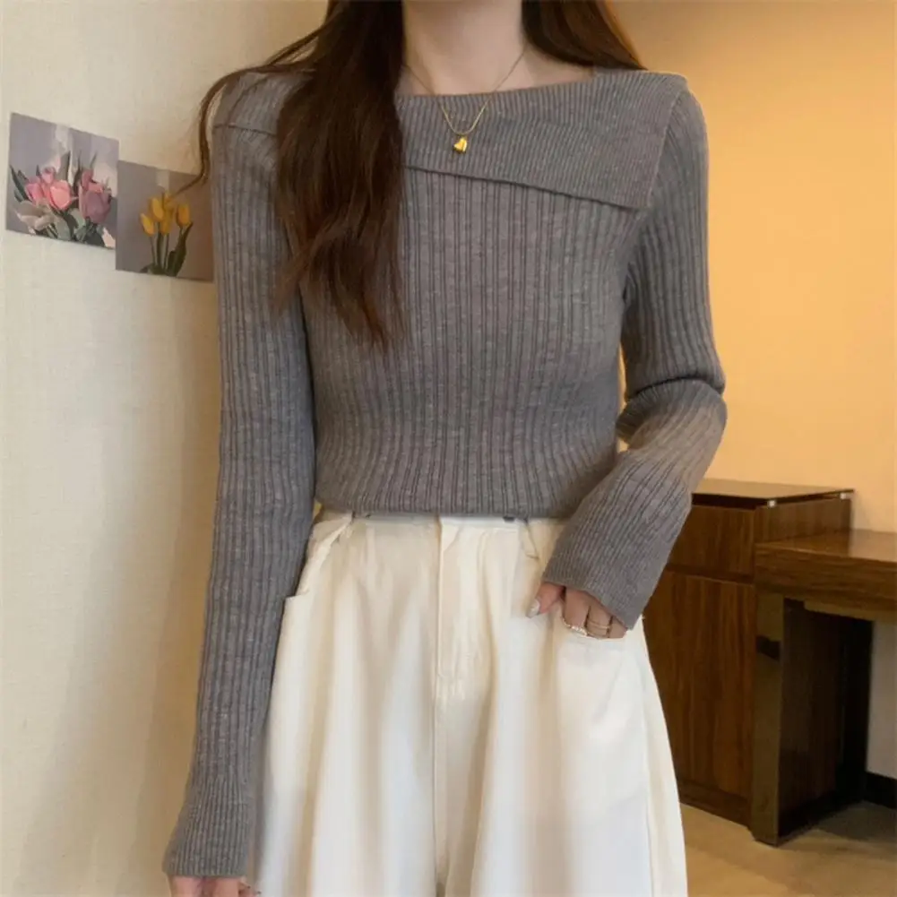 Soft Stretchy T-shirt Elegant Boat Neck Knitted Sweater for Women Soft Warm Pullover Blouse with Irregular Hemline Slim Fit Fall