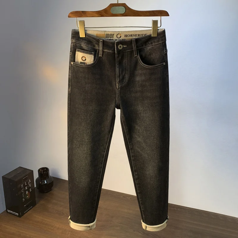 

Black gray fleece jeans for men, thick and plush warm fit, slim fit, small feet, winter elastic casual long pants