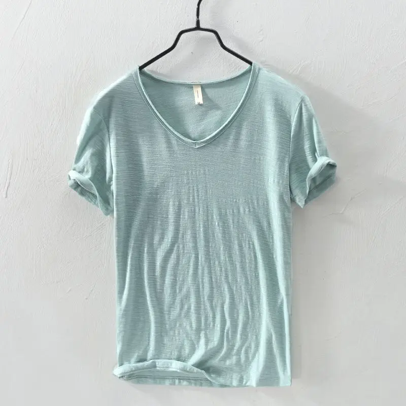 2023 Summer New 100% Cotton White T-shirt Male V-neck Solid Color Casual T Shirt Basic Tees Plus Size 3XL Short Sleeve Tops