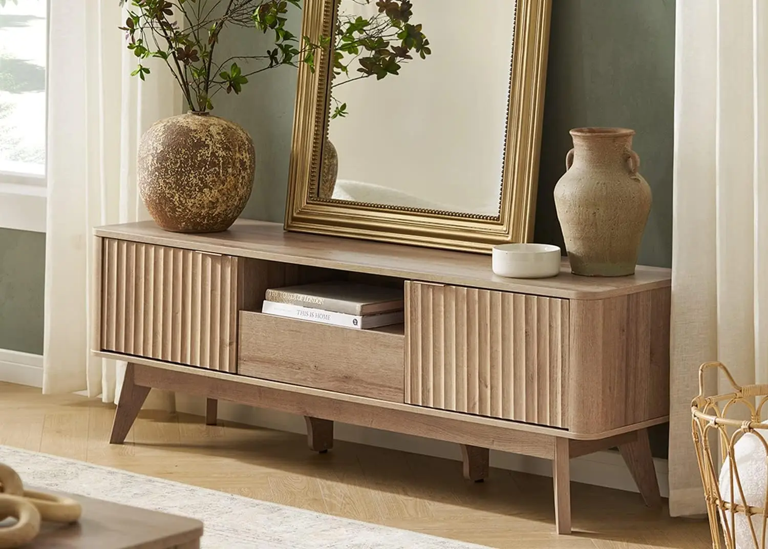 Mid-Century Modern TV Stand Fits 57 Inch Golden Oak Up To 50 Waveform Panel Curved Profile Adjustable Shelf Sturdy Box Frame Leg