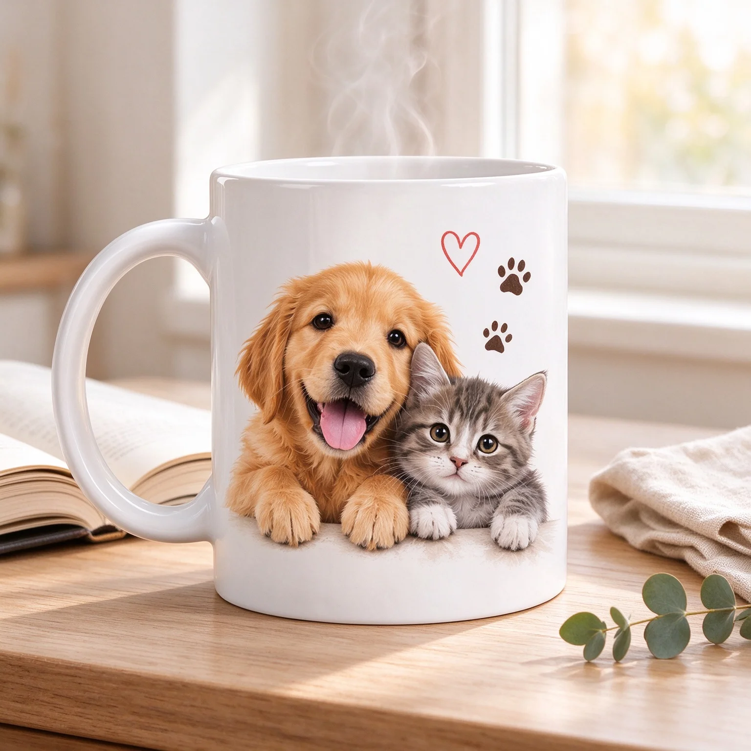 Golden Retriever and Grey Kitten Print Coffee Mug, Cute Pet Animal Ceramic Cup, Gift for Cat Dog Lover Home Office Drinking Cup