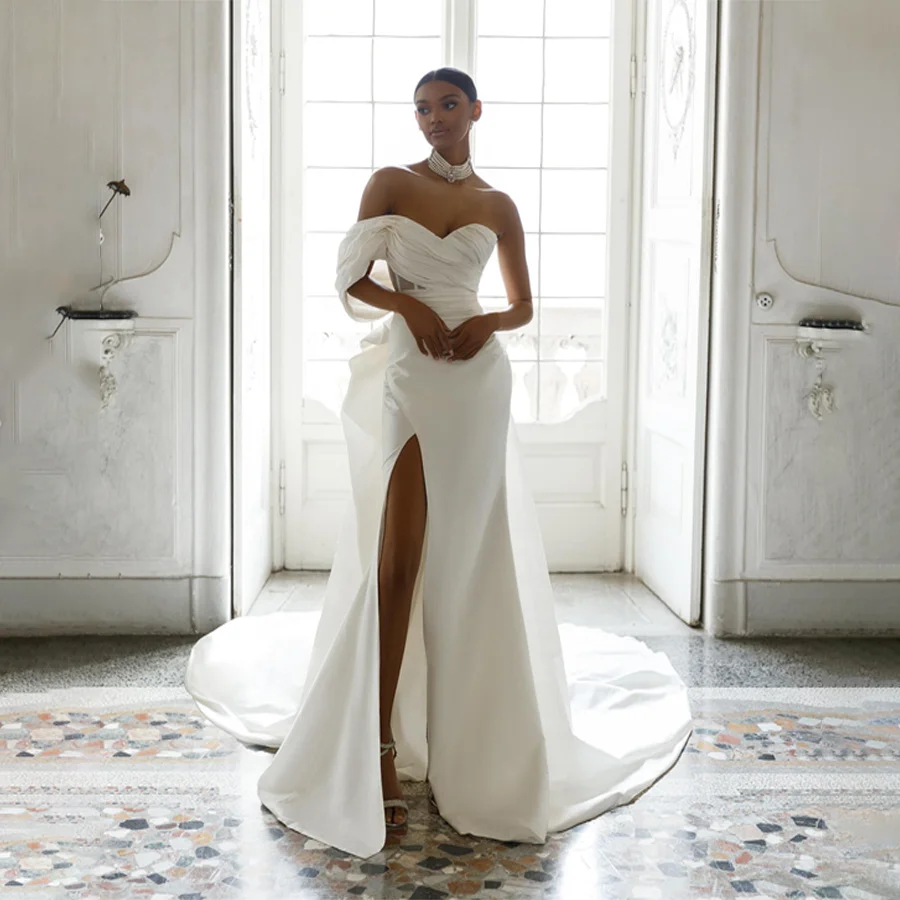 

Customized Sweethear One Cap Sleeve Satin Mermaid Wedding Gown Backless See Through And Zipper Bow Long Train Evening Dresses
