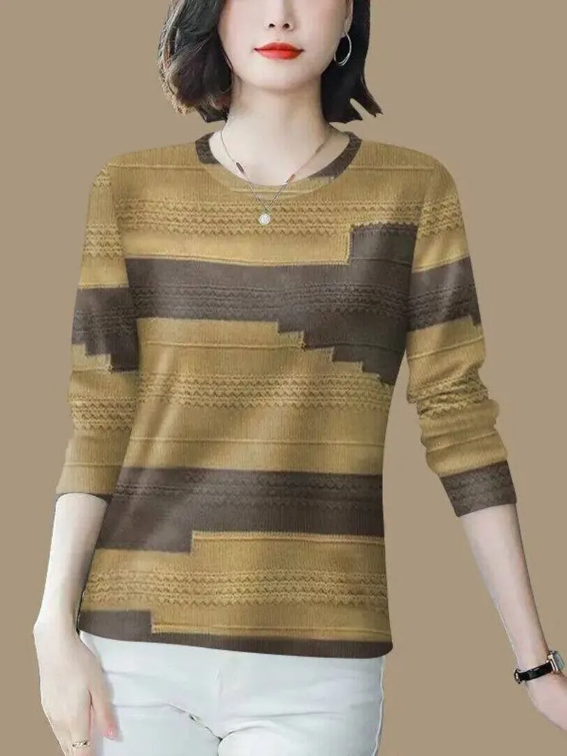 Fashionable Printed High-End Long Sleeve Women's T-shirt 2026 New Autumn Anti-Aging Belly Covering Cut Label Trendy Top