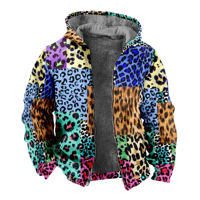 Street autumn winter fleece zip up hoodies original Leopard patchwork digital print men parka coat jackets outerwear sweatshirts